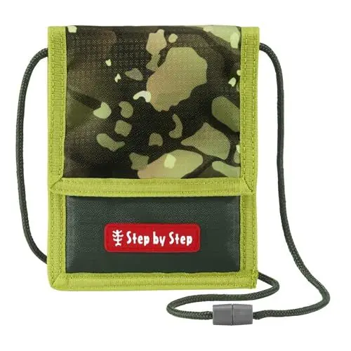 Produktbild: Step by Step Brustbeutel „Dino Torex“ – grün mit Sichtfenster, Münzfach mit Reißverschluss, Schlüsselbefestigung, zum Umhängen, für Jungen ab der 1. Klasse