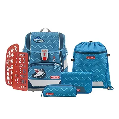 Produktbild: Step by Step Schulranzen-Set 2IN1 Plus „Angry Shark“ 6-teilig, blau, ergonomischer Tornister mit Reflektoren, höhenverstellbar mit Hüftgurt für Jungen und Mädchen ab der 1. Klasse, 19L