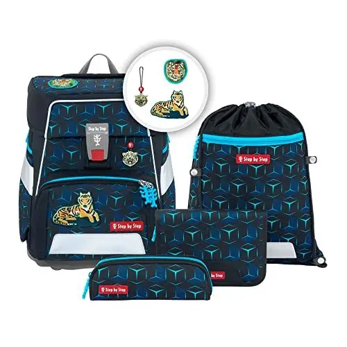 Produktbild: Step by Step Schulranzen-Set SPACE SHINE „Tiger Night Kimba“ 5-teilig, ergonomischer Tornister mit Reflektoren, höhenverstellbar mit Hüftgurt, Grundschule, 1. Klasse, 20L, blau-schwarz