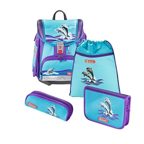 Produktbild: Step by Step Schulranzen-Set Touch 2 „Happy Dolphins“ 4-teilig, lila-blau, Traktoren-Design, ergonomischer Tornister mit Reflektoren, höhenverstellbar für Mädchen 1. Klasse, 21L