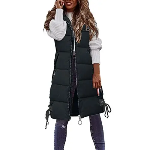 Produktbild: Steppweste Damen Mit Kapuze Steppweste Damen Lang Dicke Daunenweste Warm Frauen Weste Hooded Daunenjacke Damen Winter Lange Steppweste Damen Ärmellos Damen Daunenmantel mit Reissverschluss