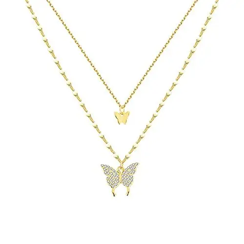 Produktbild: Sterling Silber Halskette Glänzende Schmetterling Quaste Halskette Weibliche Doppelschicht Anhänger Schlüsselbein Kette Hochzeit Party Schmuck