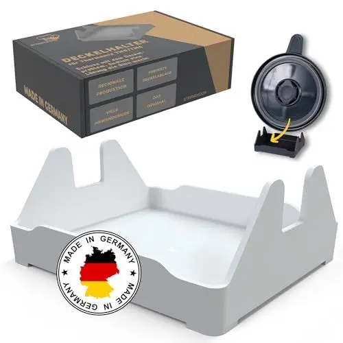 Produktbild: STERNEKOCH® Thermomix Deckelhalter - TM5 und TM6 Deckelhalter - MADE IN GERMANY - Ideales Thermomix Zubehör TM6 - Endlich Thermomix Deckel stressfrei ablegen - Mit Abtropfschale (Weiß)