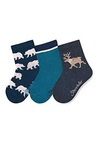 Produktbild: Sterntaler Baby Jungen Baby Socken Söckchen 3er-Pack Bären Strümpfe - Socken Baby - mit Bär Motiv, Streifen und Elch - marine, 18