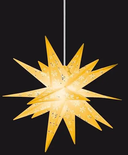 Produktbild: DecoTrend GmbH Dekostern | Weihnachtsstern mit Schneeflocken-Design | 18-Zacker | Gelb | 55cm | Außen | LED | Netzstecker