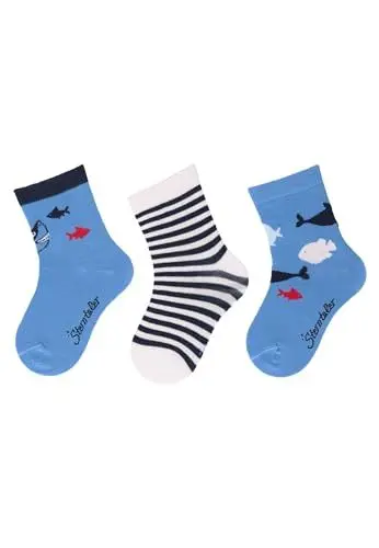 Produktbild: Sterntaler Socken 3er Pack Hai, Ringel und Fische - Babysocken für Jungen - Babysocken mit Motiven - Socken für Babys im Set - samtblau, 18