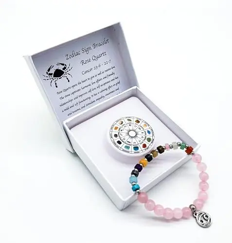 Produktbild: Sternzeichen Edelstein Armband in Geschenkbox | Schutz Glück Liebe Energie (Krebs Rosenquarz, 18 cm)