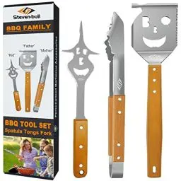 Produktbild: STEVEN-BULL S Grillbesteck-Set 3-TLG. Extra Langes Grillwerkzeug, Edelstahl Holzgriff, Grillzubehör mit Grillzange, Grillwender, Fleischgabel Extra-Langen Holzgriffen und Aufhänge-Ösen