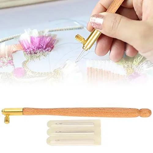 Produktbild: Zerodis Tambour-Haken-Sticknadel-Set, Französisches Häkel-Stickerei-Werkzeug, Stickerei-Perlen-Nadel-Werkzeuge, 3 Nadeln (Französische Sticknadel aus Holz)