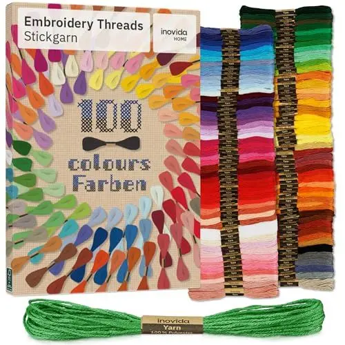 Produktbild: Stickgarn Set 100 Farben je 5 Meter : Nähgarn Set – Freundschaftsarmbänder selber machen – Sticken, Armband knüpfen, Basteln, Armband flechten – Kreuzstich Set, Stick Set – Embroidery Thread – Inovida