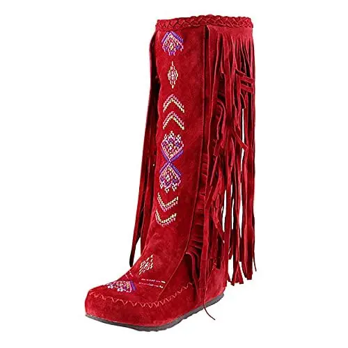 Produktbild: Damen Lange Stiefel Flock Long Stiefel Mode Quaste Chinesische Flache Hohe Frauen Nation Heels Fransen Kniestiefel Damenstiefel Mädchen 28 (Red, 39)