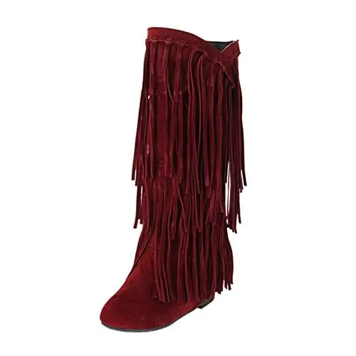 Produktbild: Stiefel Damen SpringerStiefel Damen Boots Winterstiefel mit dickem Absatz und Fransen in Übergröße für Damen in Booster, mittellange Stiefel StiefelCowboyStiefel Damen Boots Boots For Women (Red, 36)
