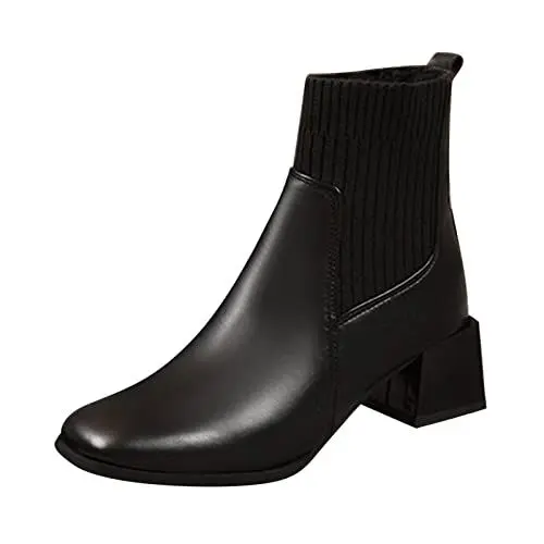 Produktbild: Stiefel Damen Stiefel Kinder Boho Schuhe Stiefel Damen Stiefeletten Mode Einfache Französisch Karree Bequeme Ärmel Stiefel Dicke Ferse Quadratische Ferse KnöChelhohe Sneaker LederStiefel (Black, 37)