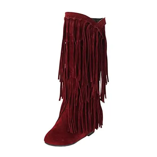Produktbild: Stiefel Damen Stiefeletten Damenstiefel Winter--Stiefel mit dickem Absatz und Fransen in Übergröße für Damen, innen Booster, mittellange Stiefel Damen Stiefel Overknees mit Blockabsatz (Red, 39)
