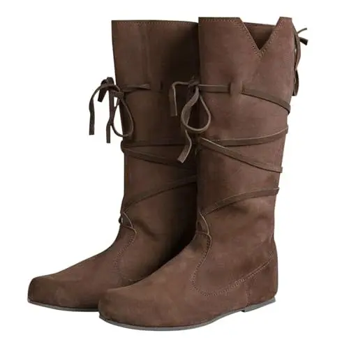 Produktbild: YANFJHV Stiefel für Damen und Herren im Frühling und/Winter, mit flachem Absatz, dicker Sohle, Schnürung, mittelalterliches Rollenspiel, runde Zehenpartie, Schnürung, hoher Schaft und (Brown, 47)