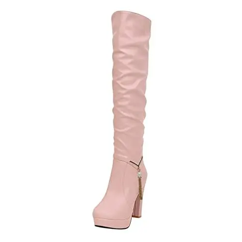 Produktbild: Stiefeletten Damen Modische Warm Lange Boots Heels Mode Feste Dicke Oberschenkel Damenschuhe Runde Stiefel Zehen atmungsaktive Damenstiefel Overknees Stiefel Damen Lange Kniehoch Stiefel (Pink, 41)