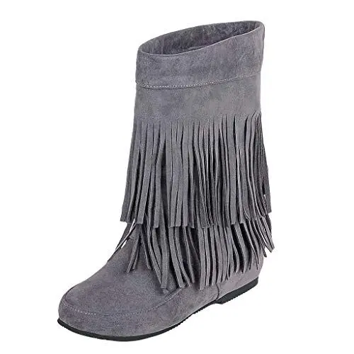 Produktbild: Winterschuhe Bootie rutschfeste Warme Stiefel Fransen Stiefel Frauen Mode erhöhte Ebene Keile Kurze Stiefel Wildlederstiefel Schneestiefel Winterschuhe Winter Boots Schuhe (Grey 41)