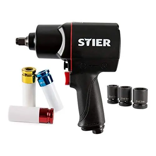Produktbild: STIER Druckluft Schlagschrauber 17-BBS, Satz 8-teilig, max. Lösemoment 1.756 Nm, Kraft-Steckschlüsseleinsatz 1/2 Zoll, Stecknippel 1/4 Zoll, 3 Geschwindigkeitsstufen