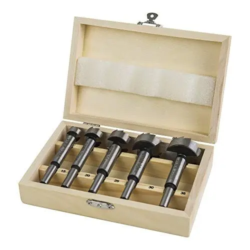 Produktbild: STIER Forstnerbohrer Set in Holz-Kasette, 5-teilig (15, 20, 25, 30, 35 mm), 10 mm Schaft, für Hart- & Weichholz, Forstner Bohrersatz, Forstner Bohrer Set