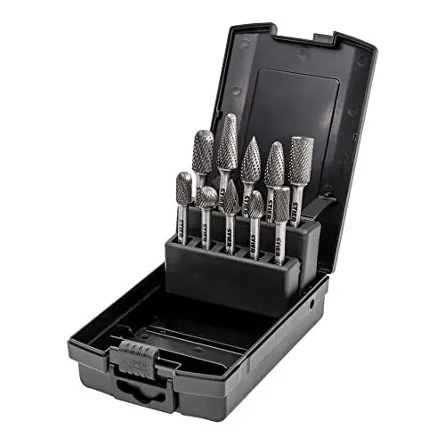 Produktbild: STIER Frässtifte-Set 10-teilig, 6 mm Schaftdurchmesser, Fräsformen: Zylinder Stirnverzahnung Walzenrundform Oval Tropfen Spitzbogen, hohe Schnittgeschwindigkeit 840 m/min
