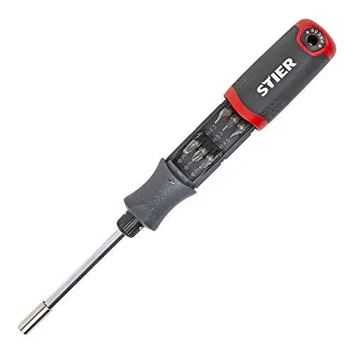 Produktbild: STIER Schraubendreher mit Bit-Magazin, 13-teilig, Bits aus S2-Stahl, integrierter Umschaltring, Magnetaufnahme, linksanzug, fest und rechtsanzug möglich