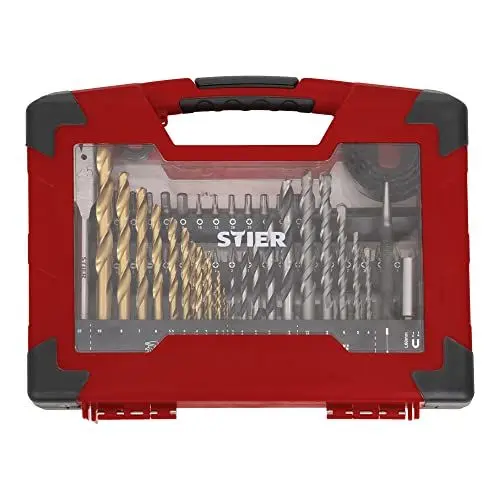 Produktbild: STIER TiN-Bohrer-Set, Säge-Set und Bit-Set, 100-teilig, Titaniumnitrid, Holzbohrer, Metallbohrer und Steinbohrer, vielseitiges Bit-Sortiment, inkl. magnetischem Bithalter und Steckschlüssel-Bits