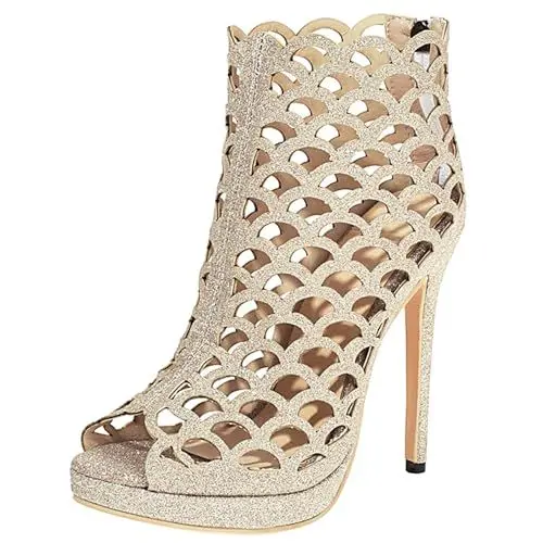Produktbild: Stiletto-Sandalen Für Damen, Peep Toe Gladiator Sandalen Zip Höhe Ferse Sandalen mit Plateau Glitzer, 17413Cpw Gold Gr 33 EU