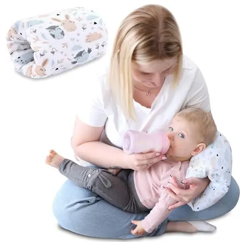 Produktbild: Stillkissen klein Breastfeeding und Nursing Pillow für unterwegs 20 cm - Stillmuff Armkissen und Lagerungskissen Baby Arm Still Kissen aus weicher Baumwolle Oeko-Tex Eulen Weiß
