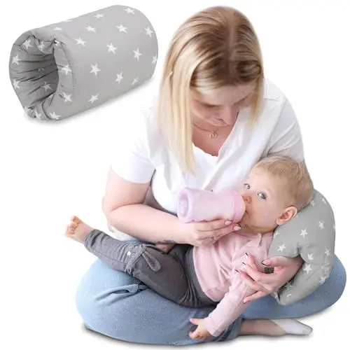 Produktbild: Stillkissen klein Breastfeeding und Nursing Pillow für unterwegs 20 cm - Stillmuff Armkissen und Lagerungskissen Baby Arm Still Kissen aus weicher Baumwolle Sterne Grau