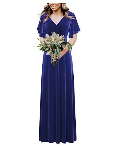 Produktbild: Stillluxury Flatter, kurzärmeliges Brautjungfernkleid für Damen, A-Linie, Ballkleid, Samt, Maxikleid, formelles Kleid BS04, A-royal blau, 34