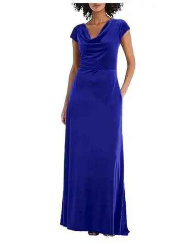 Produktbild: Stillluxury Formelles Samtkleid, Wasserfallkragen, kurze Ärmel, lang, Brautjungfernkleid, Taschen, Cocktailkleid, Abendkleid, BS17, A-royal blau, 36