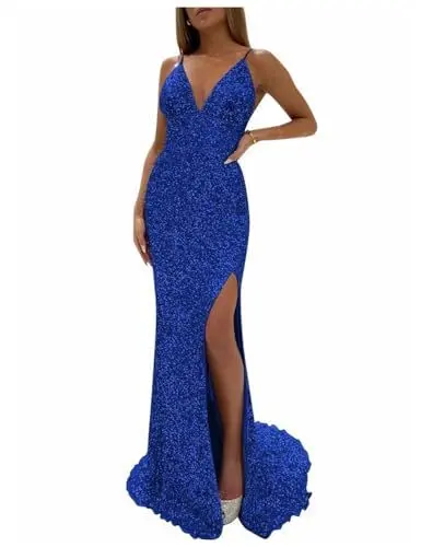 Produktbild: Stillluxury Glitzerndes Pailletten-Abschlussballkleid mit Schlitz, Spaghettiträgern, formelles Kleid, Meerjungfrau, langes Abendkleid PM37, A-royal blau, 34
