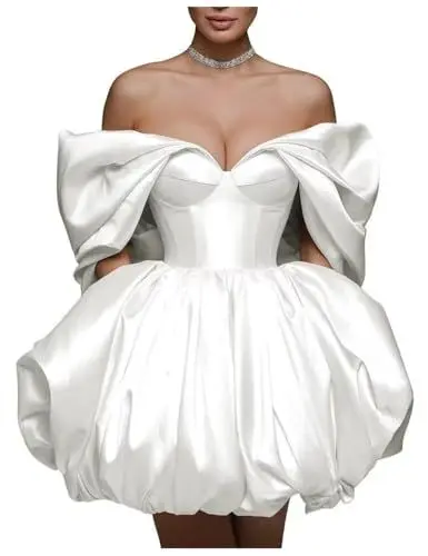 Produktbild: Stillluxury Kurzes Heimkehrkleid aus Satin mit Taschen, schulterfrei, Ballkleid, A-Linie, formelles Kleid, HC022C, elfenbeinfarben, 32