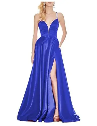 Produktbild: Stillluxury Satin langes Ballkleid mit Taschen Spaghettiträger Brautjungfernkleid A-Linie Abendkleid PM09, A-royal blau, 34