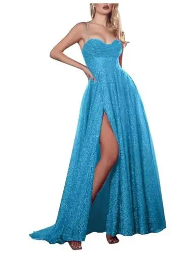 Produktbild: Stillluxury Spaghettiträger Ballkleid mit hohem Schlitz Glitzer langes Cocktailkleid A-Linie formelles Kleid PM43, A-Blau, 34