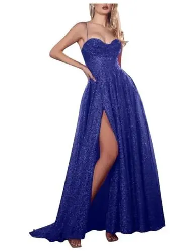 Produktbild: Stillluxury Spaghettiträger Ballkleid mit hohem Schlitz Glitzer langes Cocktailkleid A-Linie formelles Kleid PM43, A-royal blau, 32