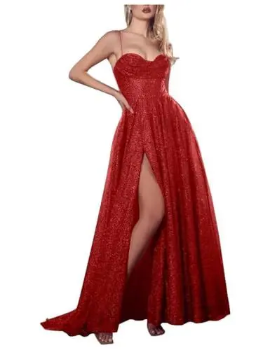 Produktbild: Stillluxury Spaghettiträger Ballkleid mit hohem Schlitz Glitzer langes Cocktailkleid A-Linie formelles Kleid PM43, rot (a), 34
