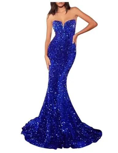 Produktbild: Stillluxury Trägerloses, glitzerndes Pailletten-Abschlussballkleid für Damen, figurbetont, formelles Abendkleid PM11, A-royal blau, 34