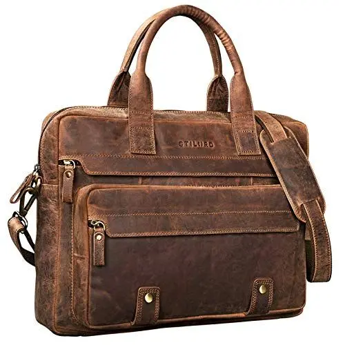 Produktbild: STILORD 'Leander' Umhängetasche Leder Groß Arbeitstasche Aktentasche Business Herren und Damen 15.6 Zoll Laptoptasche Rindsleder, Farbe:mittel - braun