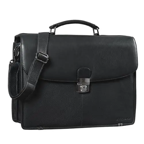 Produktbild: STILORD 'Miguel' Klassische Leder Aktentasche Schwarz Herren große Businesstasche Arbeit Bürotasche mit Schloss zum Umhängen 15,6 Zoll Laptoptasche, Farbe:obsidian schwarz