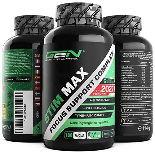 Produktbild: Stim Max - Komplex für Focus & Konzentration - 180 Kapseln - Extra stark - Kombination aus: Koffein, L-Theanin, Guarana, D-Glucuronolactone, Hesperidin, Koffein & schwarzer Pfeffer - Vegan