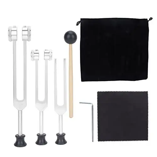 Produktbild: Stimmgabel Hammer Set, Stimmgabel Set aus Aluminiumlegierung 128 256 512 Hz Stimmgabeln Instrument Angebot Genaue Frequenzgang für Heimmeditation oder Yoga, Violine Gitarren Tuner Geräte (Silber)