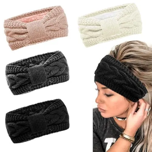 Produktbild: Stirnband Damen Winter - Häkelarbeit Gestrickte Verdicken Haarband Ohrenwärmer Headwrap Kopfband Elastische für Frauen/Mädchen - 4 Stück