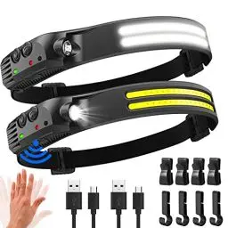 Produktbild: Stirnlampe LED Wiederaufladbar,2000 Lumens Superhell 230°Weitwinkel 2*LED Weiß Licht Sensor Kopflampe,IPX5 Wasserdicht 0.14lb Leichtgewichtig Stirnlampen Perfekt zum Camping,Joggen,Wandern,Angeln