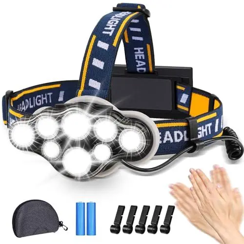Produktbild: Stirnlampe, Superheller Kopflampe 18000 Lumen 8 LED 8 Modi mit Rotem Warnlicht, USB Stirnlampe Wiederaufladbare Wasserdicht, Perfekt für Arbeit, Outdoor, Camping, Wandern, Angeln