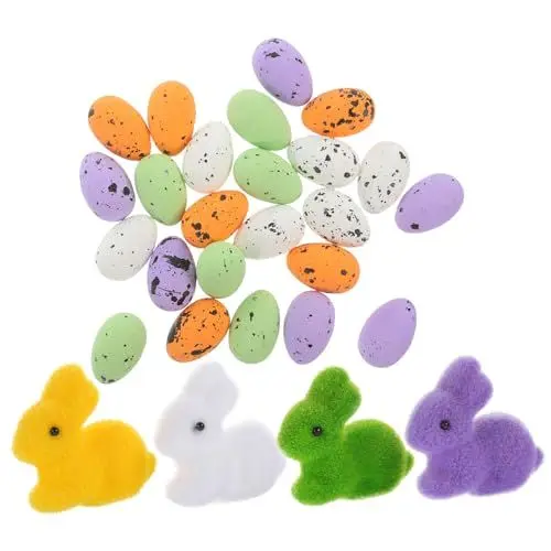 Produktbild: STOBOK 28st Ostereierhase Gefälschte Eier Künstliche Vogeleier Beflockte Hasenstatue Mini-osterhase Moos-kaninchen-ornament Realistisches Hühnerei Osterhasenfigur Füllstoff Stelle Schaum