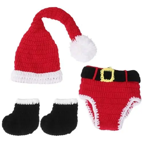 Produktbild: STOBOK Baby-Fotografie-Requisite Weihnachtsmütze Neugeborenen-Fotoshooting Weihnachts-Outfits Handgefertigt Gehäkelt Weihnachtsmann-Kleidung Weihnachtsmann-Strickmütze Socken Hosen Set