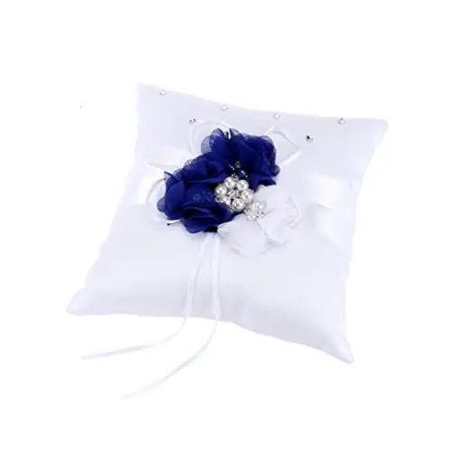 Produktbild: NUOBESTY Hochzeits Deko Hochzeitsdeko Eheringkissen Ringträgerkissen Eheringkissen Für Hochzeitsfeierbedarf 20 * 20 cm (Blaue Weiße) Retro Ringkissen Ehering Kissen