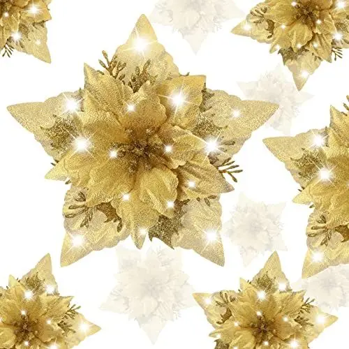 Produktbild: STOBOK Weihnachtsglitzer- Weihnachtsstern- Kunstblumen: 12 Stück Goldene Weihnachtsbaum- Kranz- Girlanden- Blumen- Ornamente mit Clips Und Stielen für Weihnachten Hochzeit Neujahr Urlaub Party