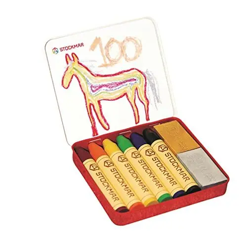 Produktbild: STOCKMAR - Wachsmalstifte | Wachsmalstifte mit natürlichem Bienenwachs, Regenbogen Edition | Inhalt: 6xWachsmalstifte (8x7x2cm), 2xWachsmalblöcke (4,1x2,3x1,2cm) inkl. Schaber im Blechetui